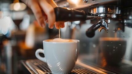  A person pours a cup of coffee into an espresso machine