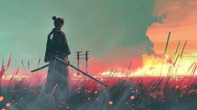 Samurai standing on a fiery grassland, amidst intense flames and smoke, creating a dramatic and dynamic scene with a powerful atmosp Seamless looping 4k time-lapse virtual video animation Generated AI