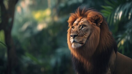 Fototapeta premium A majestic lion with a striking mane gazes intently, embodying power and grace amidst the vibrant greenery of the jungle during the enchanting golden hour