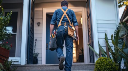 A handyman with a tool bag walks up to a home&rsquo;s front door, ready to address repair tasks in the evening light