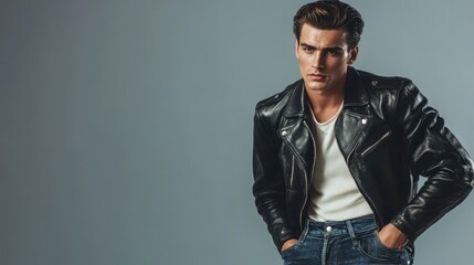 Retro Rockabilly Style - 1950s Fashion with Leather Jacket and Slicked-Back Hair on Grey Background