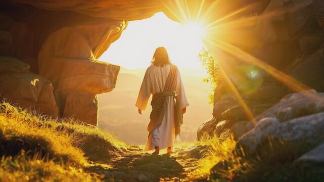 Jesus emerges from the cave at sunrise, bathed in golden light, symbolizing hope and resurrection. The majestic scene captures the profound moment of His return, with the rising sun casting a divine g