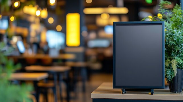 A blank restaurant menu board stands ready to display enticing menu items and prices in a trendy dining environment, inviting customers to explore