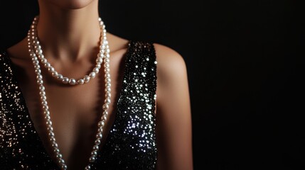 Glamorous 1920s Great Gatsby-Inspired Fashion: Sequined Dress and Pearl Necklace on Black Background