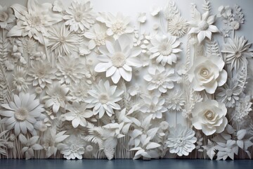 Sophisticated 3d wall adorned with various white paper flowers, perfect for event decor