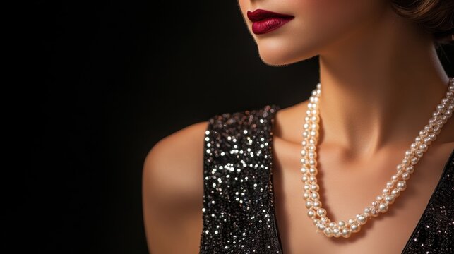 Glamorous 1920s Great Gatsby-Inspired Fashion: Sequined Dress and Long Pearl Necklace on Solid Black Background