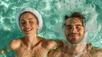  A man and a woman in a swimming pool, heads submerged; man wears a towel atop his head