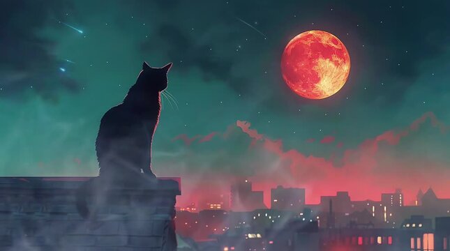 Cat on a rooftop gazing at the sky on a fantasy night with a full moon, creating a magical and serene atmosphere with luminous moonl Seamless looping 4k time-lapse virtual video animation Generated AI
