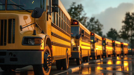 Line of School Buses in the Evening, Ready for Next Day