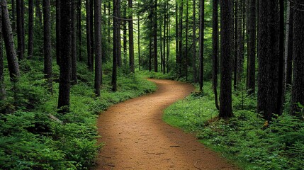 Obraz premium Sun-dappled forest path surrounded by lush vegetation, inviting viewers to imagine the fresh scent of pine and the beauty of nature. The image captures the serene and tranquil atmosphere of the forest