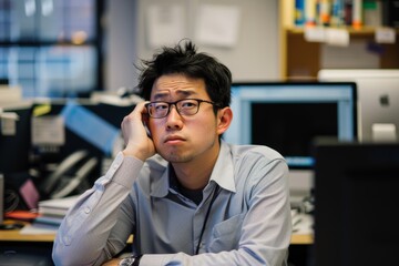 Obraz premium Stressed Employee in Modern Office Environment with Cluttered Desk and Technology