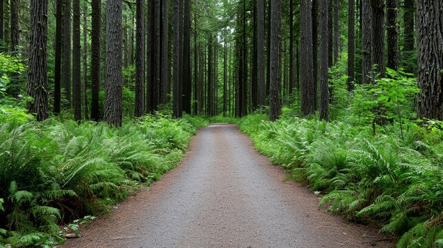 Sun-dappled forest path surrounded by lush vegetation, inviting viewers to imagine the fresh scent of pine and the beauty of nature. The image captures the serene and tranquil atmosphere of the forest