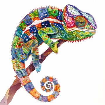 recommend clip art: Watercolor painting of a vibrant chameleon changing colors, on isolated white background