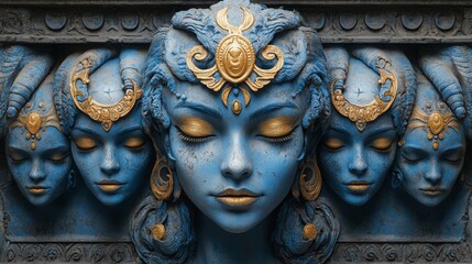 Fototapeta premium blue colored woman face with golden ornaments
