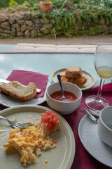 Having breakfast with mountain views in the European mountains Cantabria Spain
