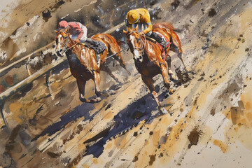 Fototapeta premium Dynamic Racehorse Breakaway - Equestrian Speed and Determination Painting for Sports Enthusiasts
