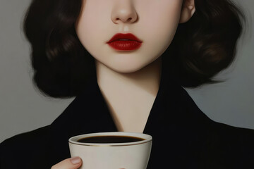 A person dressed in black holds a white coffee cup filled with black coffee, emphasizing the contrast between the cup and background, with a minimalist style.