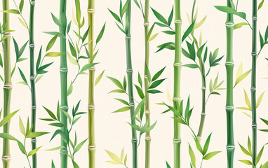 Green bamboo shoots and leaves dance on a white canvas, forming an elegant seamless pattern.