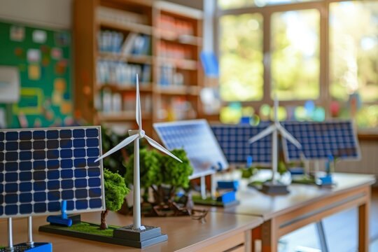 Renewable Energy Education in Classroom Setting with Solar and Wind Turbine Models Displayed