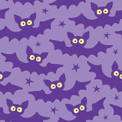 Flying bats seamless pattern. Cute Spooky vector Illustration. Halloween backgrounds and textures in flat cartoon gothic style. Black silhouettes animals on sky.