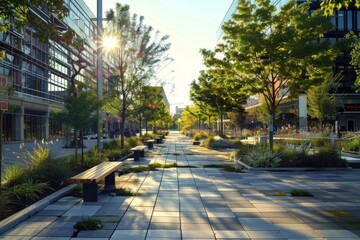 Modern City Square with Sustainable Design Elements for Urban Landscaping and Eco-Friendly Public...