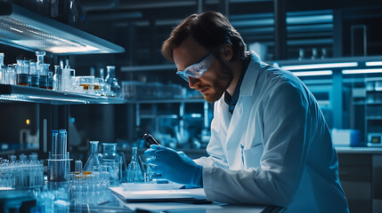A scientist conducting an experiment in a laboratory, carefully observing the results and taking detailed notes 