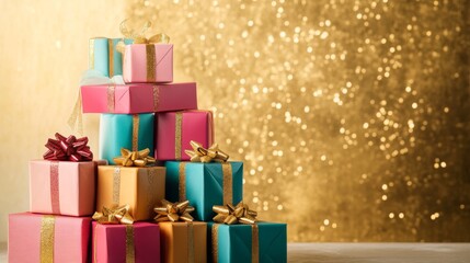 A vibrant arrangement of gift boxes in various colors is decorated with elegant ribbons and bows, creating a festive atmosphere for special occasions