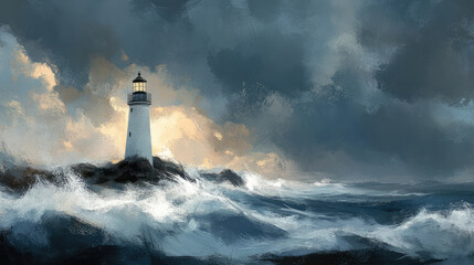 A lone lighthouse stands resilient against stormy seas under a tumultuous sky, its light guiding sailors through the dark and treacherous waters, symbolizing hope and steadfastness.