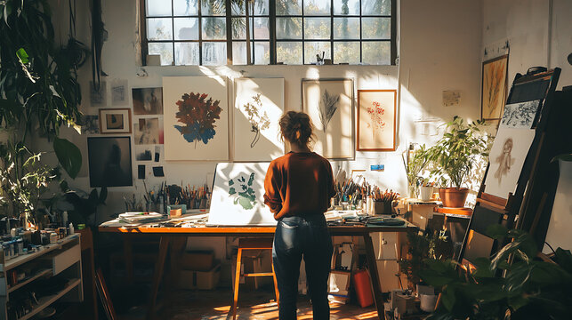 An artist practicing sketching in a sunny studio, with various art supplies spread out around them  - Powered by Adobe