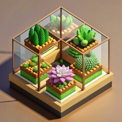 Voxel art of an artistic arrangement of succulents in geometric terrariums, showcasing a modern and stylish blend of natural beauty and digital design.