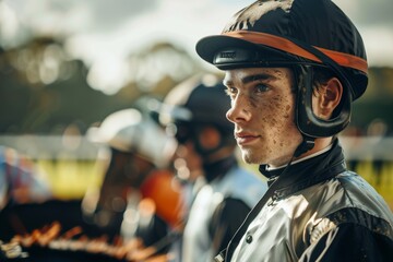 Obraz premium Jockey's Focused Expression Before Race Day Competition at Racetrack - Horse Racing Preparation