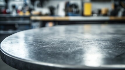 Fototapeta premium A closeup of a metal blank tabletop reveals its texture while automotive tools and parts sit blurred in the background, creating a workshop atmosphere