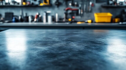 A metallic blank tabletop is featured with automotive tools and parts slightly blurred in the background, highlighting a busy workshop environment