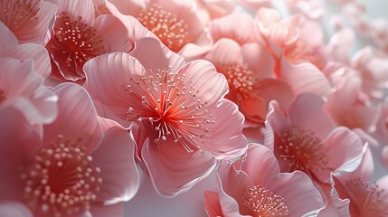  A white and pink background hosts a cluster of pink flowers, each boasting a red center