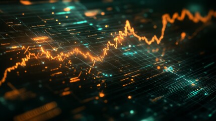 Fototapeta premium A dynamic stock market graph shows fluctuating lines and intricate patterns, illustrating market trends and financial data in real time