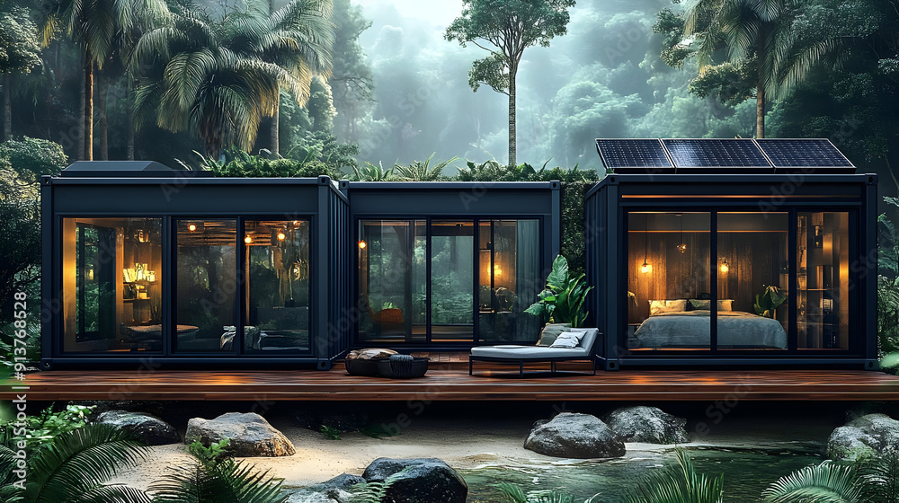 Canvas Prints Modern Container Home in Lush Jungle - 3D Illustration