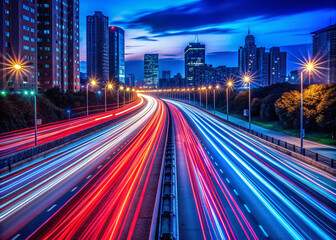 Obraz premium Vibrant red and blue light trails streak across a dark city road, capturing the dynamic motion of speeding cars on a busy highway at night.
