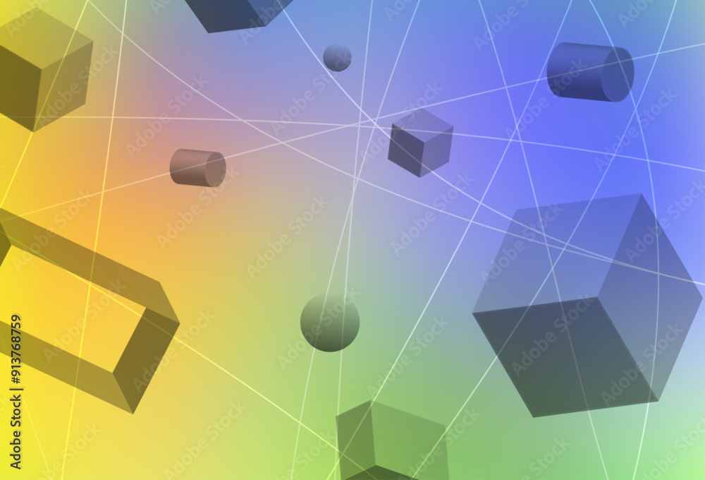 Sticker light multicolor vector background with 3d cubes, cylinders, spheres, rectangles.