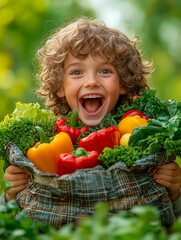 Happy child smiling while holding a bag full of fresh vegetables in a garden
