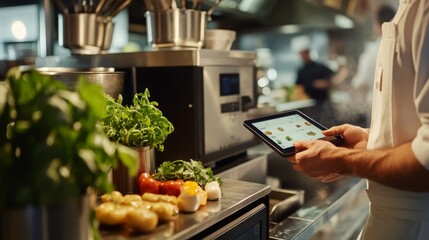 A chef actively places orders using a tablet in a bustling restaurant kitchen filled with fresh ingredients and culinary activity
