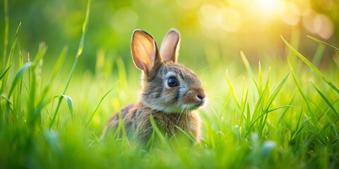 Fototapeta premium Bunny nestled in lush green grass, rabbit, cute, animal, wildlife, fluffy, fauna, nature, outdoors, spring, field, greenery