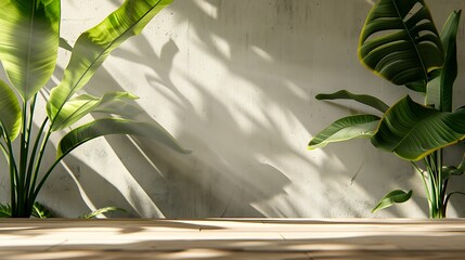Tropical Plant Arrangement with Sunbeams on a Wooden Table