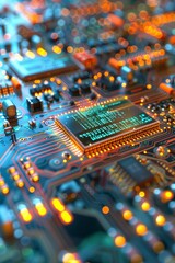 Obraz premium Close-Up View of Digital Signal Processing Chip with Intricate Circuitry and Abstract Digital Patterns