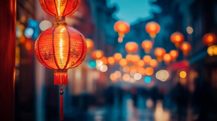 Red lanterns glow warmly above a lively street as people celebrate the Chinese New Year, creating a vibrant atmosphere filled with joy and tradition