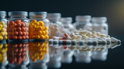Prescription medication bottles filled with colorful pills are arranged on a shiny surface, highlighting their textures and vibrant colors