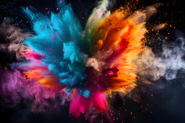 Vibrant color explosion shaped like a heart on black background, powder color cloud