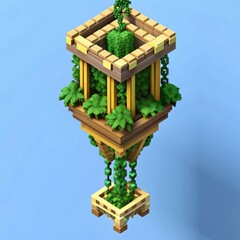 Voxel art of a hanging macrame plant holder with lush ivy cascading down, blending digital craftsmanship with the natural elegance of greenery.