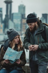 Couple Planning Routes with City Skyline Background - Perfect for Travel and Urban Adventure