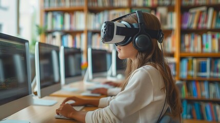 Young Woman Wearing Virtual Reality Headset Studies Computer Science in a School Library