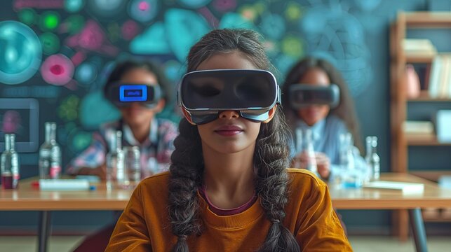 A Young Student Explores Chemistry Through Virtual Reality In A Modern Classroom